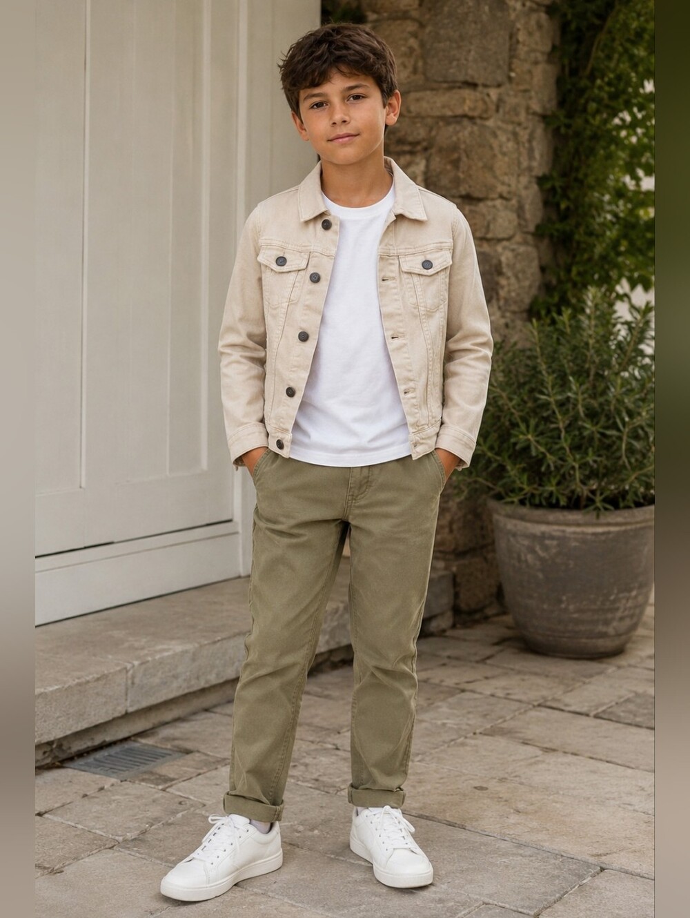 Kidpik Boys Beige Denim Jacket Minimalist Neutral Capsule Wardrobe Size 10